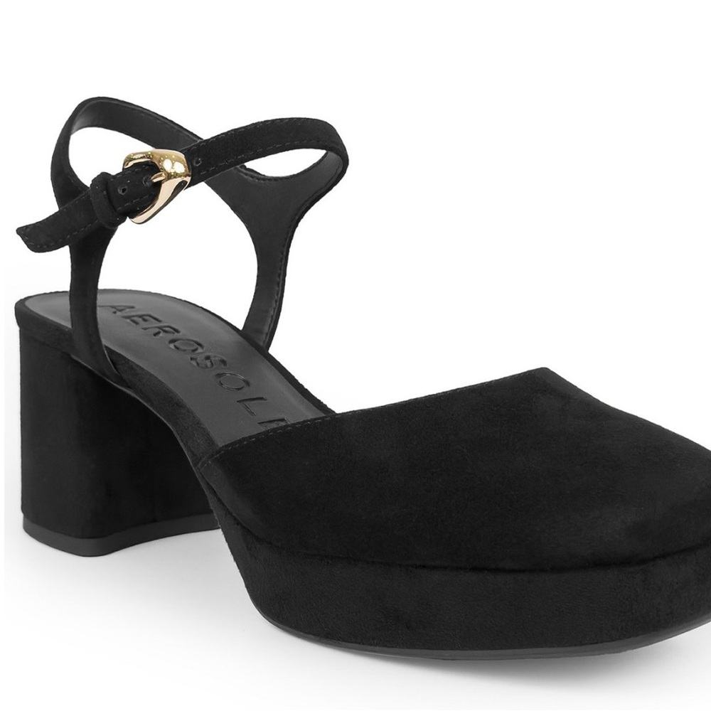 AEROSOLES Soir Black Suede Platform Pumps Square Toe Block Heel Size 7.5